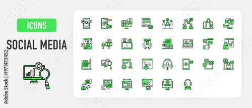 Social Media icon. Influencer, Virtual Community, Review, Content Management, Social Engagement, Follower, Celebrity, Photography, Vlog, Travel Blogger, Giveaway, Viewer, Commission vector. 