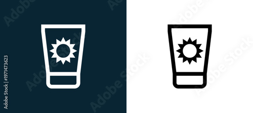 Two-color sun cream outline icon pair in black and white, editable stroke vector illustration for web, mobile apps, UI design, branding, and print from water park