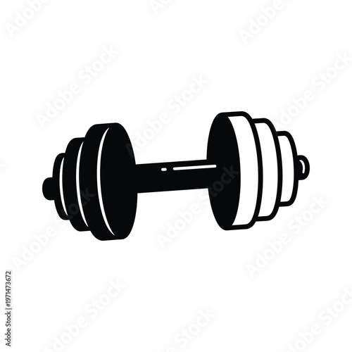 A classic dumbbell illustration featuring two weighted plates and a central bar.