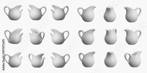 Set of various white ceramic milk jugs and creamers for serving beverages, isolated on transparent background.