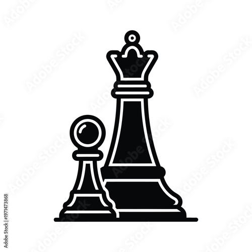 Black chess pawn and queen pieces standing side by side