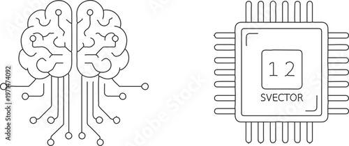 Artificial intelligence brain and computer chip icons, digital neural network vector set, electronic circuit board and human mind symbols