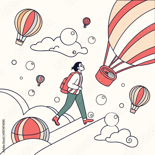 Colorful hot air balloon ride, adventure travel, vector illustration, whimsical landscape