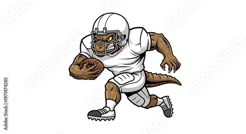 A cartoon alligator wearing a football uniform and running with the ball