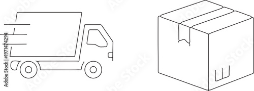 Minimalist delivery truck and cardboard box icons, thin line vector set for logistics and shipping, fast transport and parcel packaging symbols