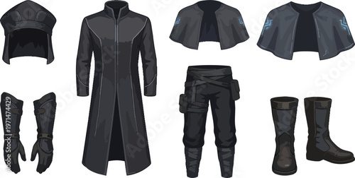 Black costume clothing and accessories set.