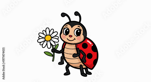 Cute ladybug cartoon, smiling insect, holding flower, vector illustration