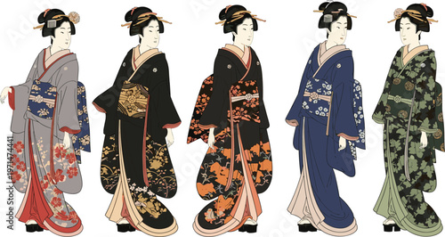 Traditional Japanese Kimono Women Vector Illustration Set with Geisha Style Dresses and Japanese Culture Fashion Collection