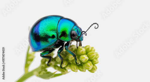 Shiny blue beetle, insect on flower, green bug, wildlife illustration, vector graphics