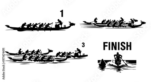 Dragon Boat Racing Silhouette Competition Vector Icons Set Sports Festival