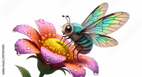 Colorful insect, bee on flower, rainbow wings, floral illustration, nature vector