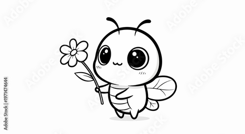 Cute cartoon bee, black and white illustration, insect character, flower holder