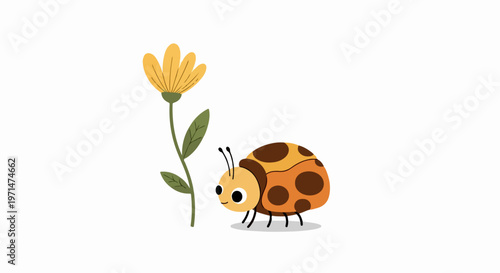 Cartoon ladybug, yellow flower, insect icon, cute vector illustration, garden bug