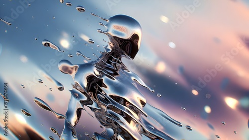 Futuristic liquid metal robot dissolving in colorful cosmic particles