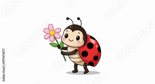 Cute ladybug cartoon character, holding pink flower, red black spots, insect illustration, vector graphic