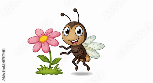 Cartoon bee, smiling insect, pink flower, green grass, vector illustration