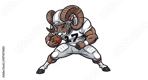 A cartoon ram wearing a football uniform and holding a ball