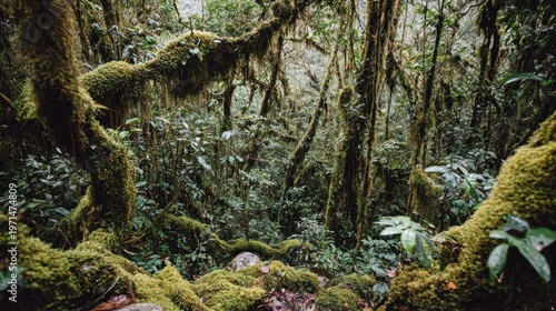 Dense, humid forest environment covered extensively with vibrant green moss
