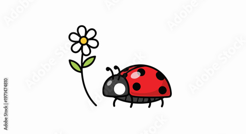 Cute ladybug, cartoon insect, red black spots, flower friend, vector illustration