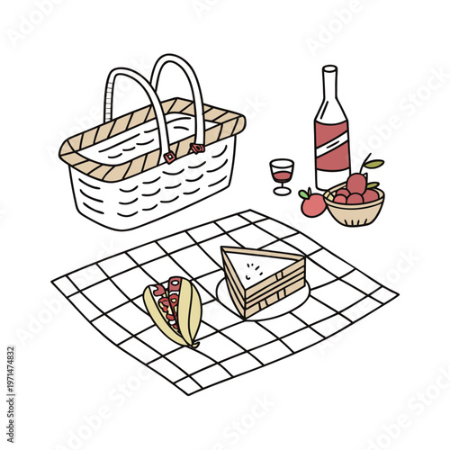 Picnic, basket, wine, food, illustration, vector, sandwich, fruit, outdoors, recreation