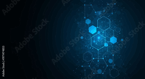 Blue molecular structures, glowing hexagons, chemistry symbols, scientific background isolated on Transparent Background