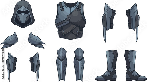 Medieval armor pieces for fantasy character.
