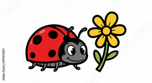 Ladybug, cartoon insect, cute flower, vector illustration, red black spots, yellow bloom
