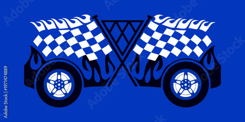 A vibrant illustration of a race car crossing a checkered finish line