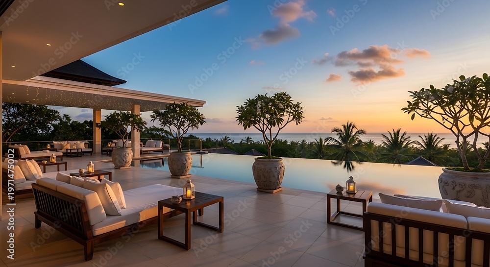 Fototapeta premium Luxurious outdoor patio with an infinity pool overlooking the ocean at sunset, featuring elegant lounge furniture and tropical trees.