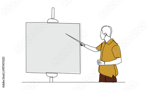 Continuous single line sketch drawing of standing business man doing presentation pointing on board screen projector with stick explain something. One line art vector illustration editable stroke	