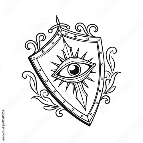 Fantasy shield, eye symbol, medieval crest, black and white vector