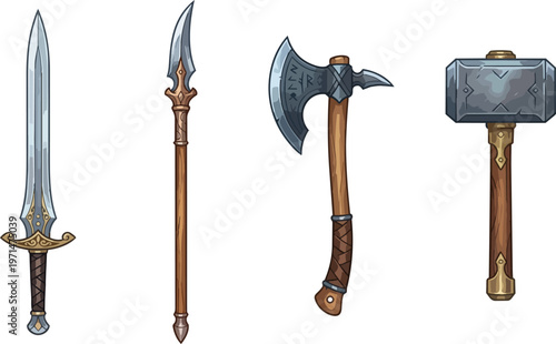 Medieval fantasy weapons sword axe.
