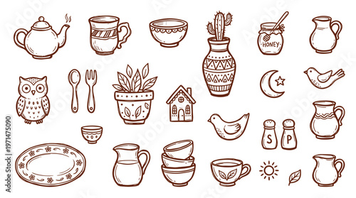 Charming Hand Drawn Kitchenware and Decorative Elements Collection