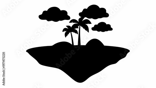 Floating island silhouette with palm trees and waterfalls in a serene tropical environment