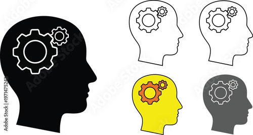 Human head icons with gears inside representing mental process intelligence creative thinking and cognitive psychology concept vector illustration design set