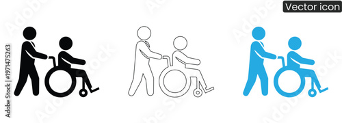 Vector icons of people helping disabled person in wheelchair on white background