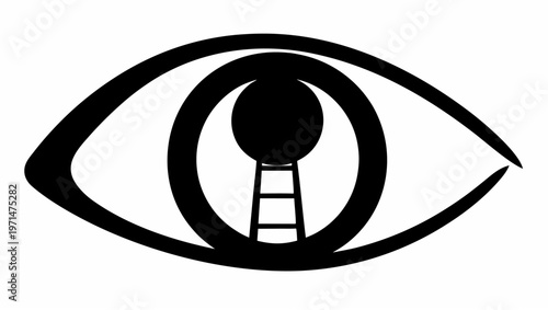 Human eye silhouette with spiral iris and ladder inside symbolizing insight and vision on white background