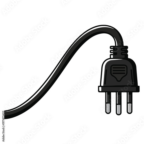 black three prong electrical plug flat vector illustration
