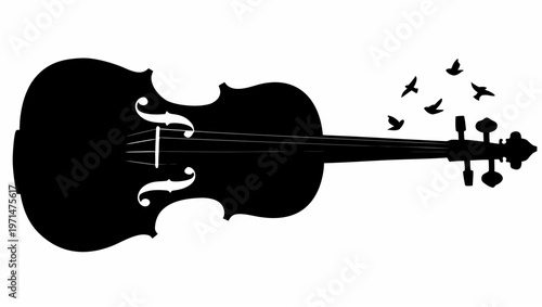 Silhouette of a violin with bird shaped strings flying away music freedom concept