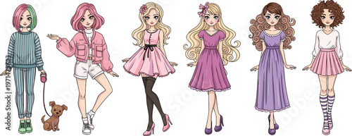 Cute Fashion Girl Characters Vector Illustration Set with Stylish Teen Girls in Different Outfits and Hairstyles Collection
