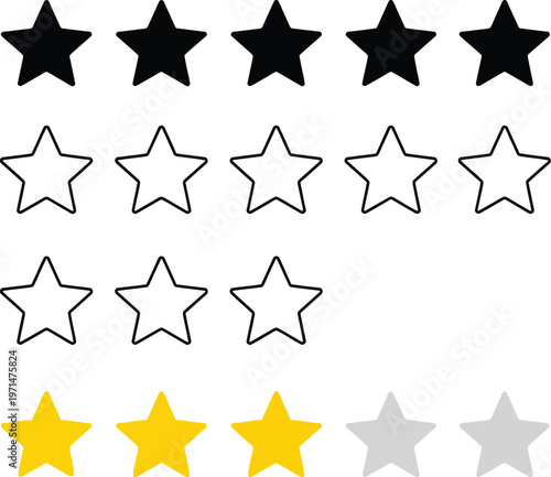 Star rating system vector illustration featuring full, outline, and partial yellow stars for customer feedback design graphic element.