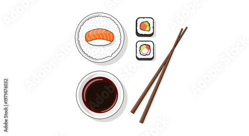 Sushi food illustration with chopsticks and soy sauce