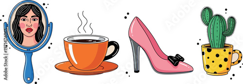 A colorful cartoon image of a woman's morning routine