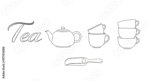 Line art illustration of various tea related tools and accessories