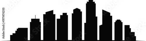 Stylized black silhouette of a modern city skyline with diverse building shapes and heights against a white background