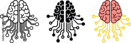 Artificial intelligence brain vector illustration featuring circuit board connections for digital technology, machine learning, and advanced computing concept design projects