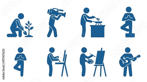 Collection of blue pictogram icons illustrating diverse hobbies and leisure activities, including gardening, filmmaking, cooking, yoga, painting, and playing guitar, isolated white background.