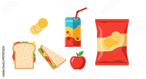 School lunch concept with sandwich chips juice and apple