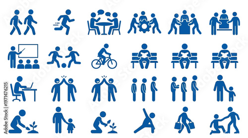 Diverse Human Activity Pictograms Set Representing Daily Life and People on an Isolated White Background