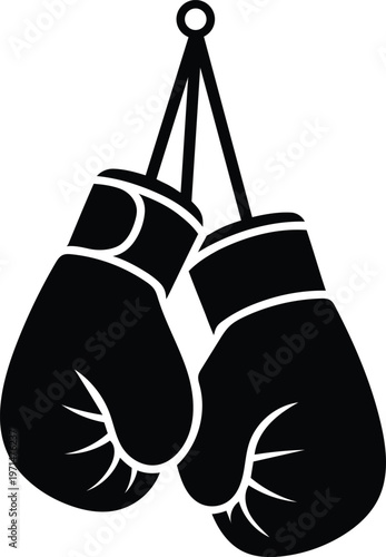 Pair of black boxing gloves hanging from straps from a single hook isolated on transparent background graphic